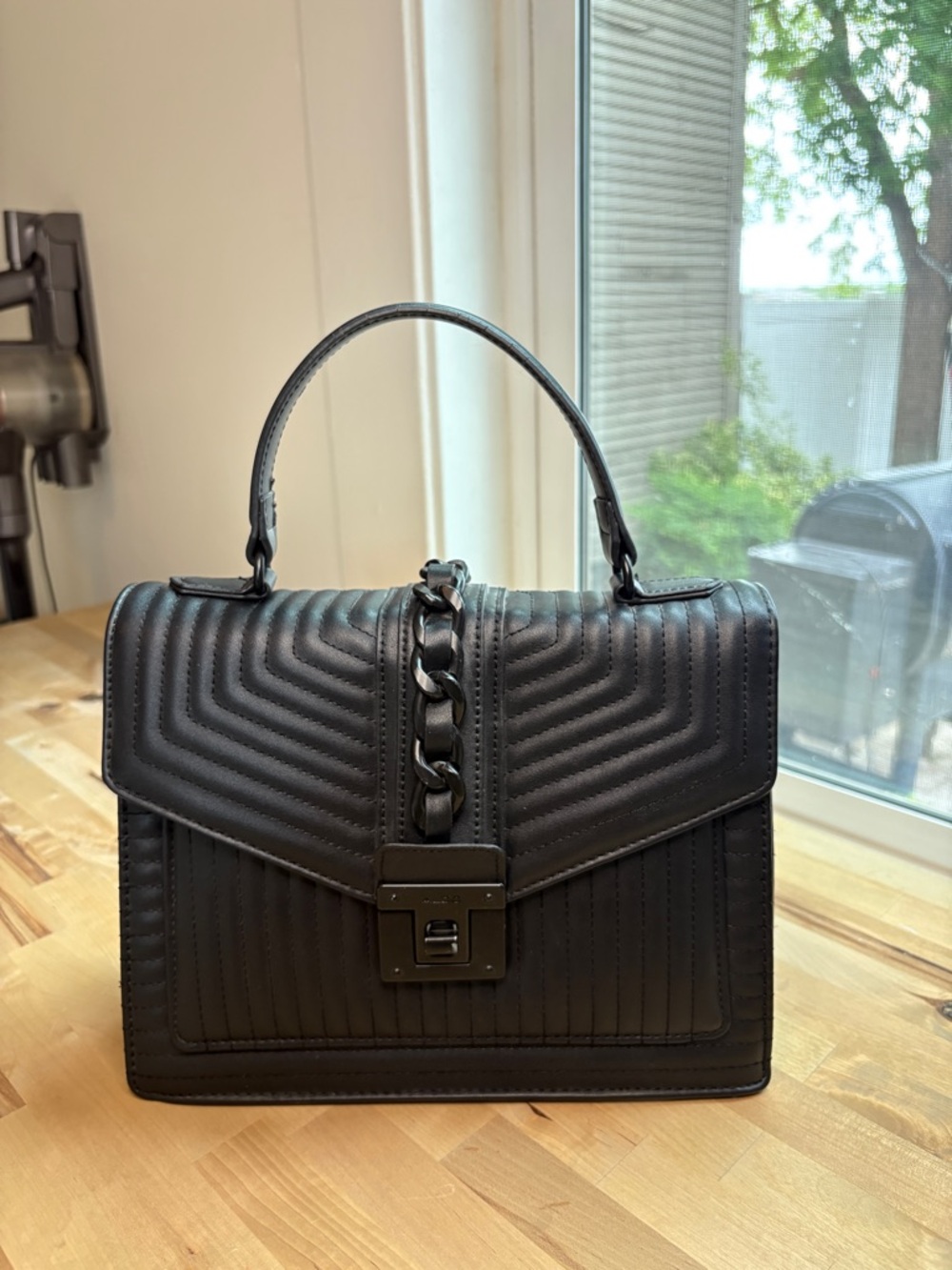 Aldo Black Quilted Chain-Accent Top Handle Satchel - Picture 5 of 14